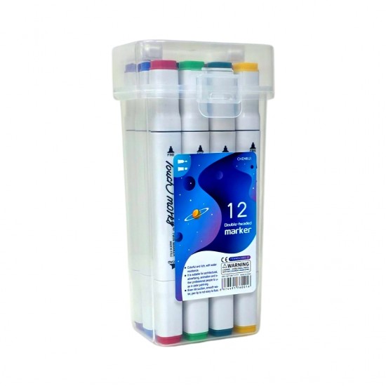 اقلام ماركر 12 لون راسين مائي رفيع وعريض علبة بلاستك